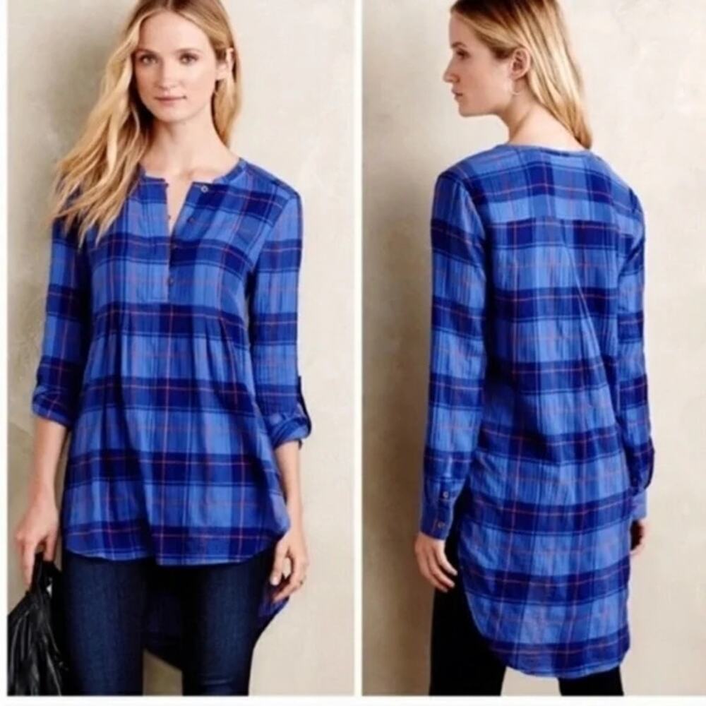 Anthropologie sz M lightweight flannel blue plaid tunic dress roll tab button up